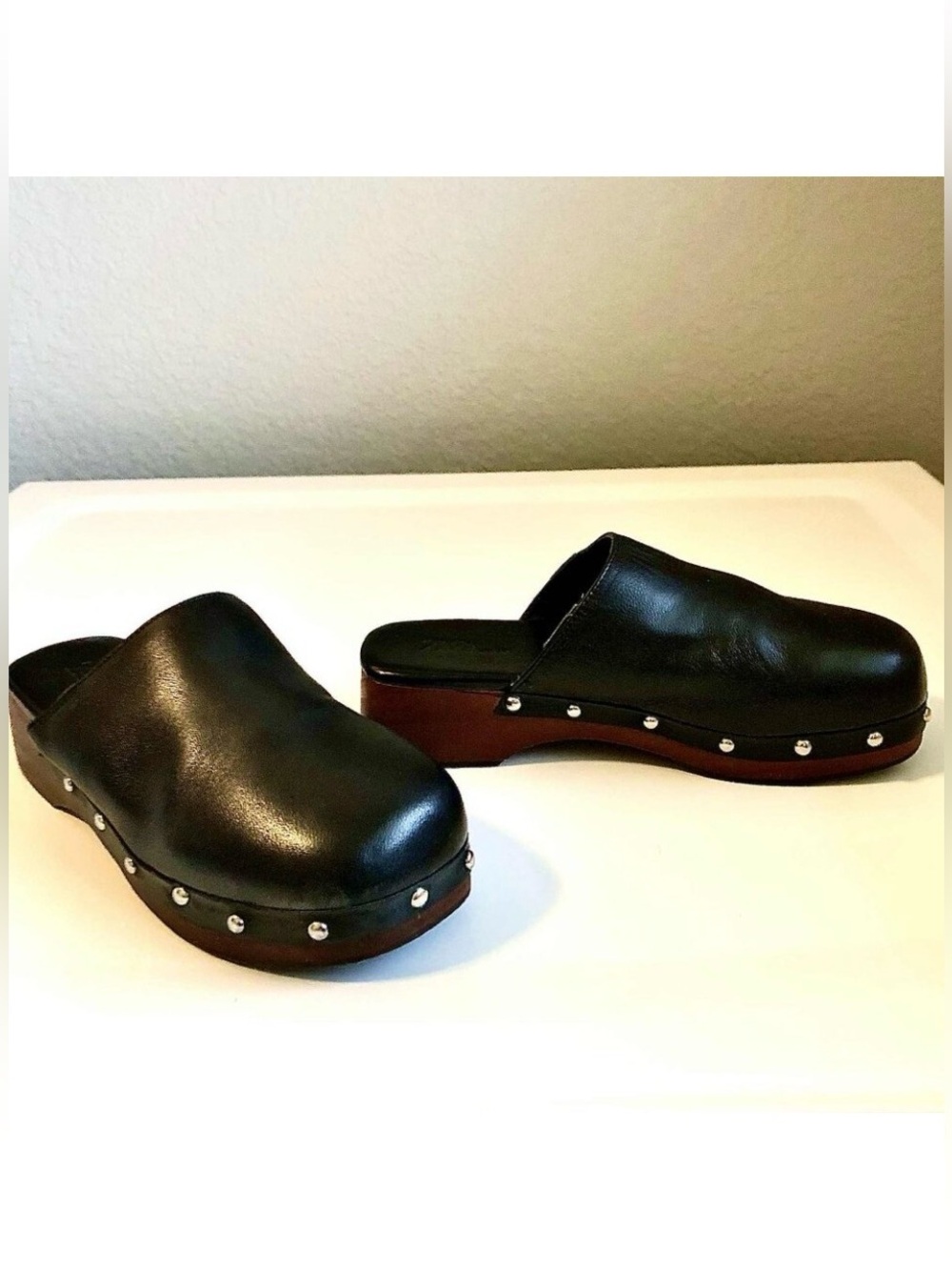 New ZARA Black Leather Studded Wooden Heel Mule Slip-on Clogs 3.5